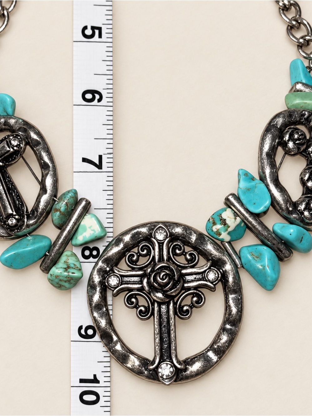 Turquoise Silver Tone Cross Rose Medallion Western Statement Necklace - Picture 2 of 2